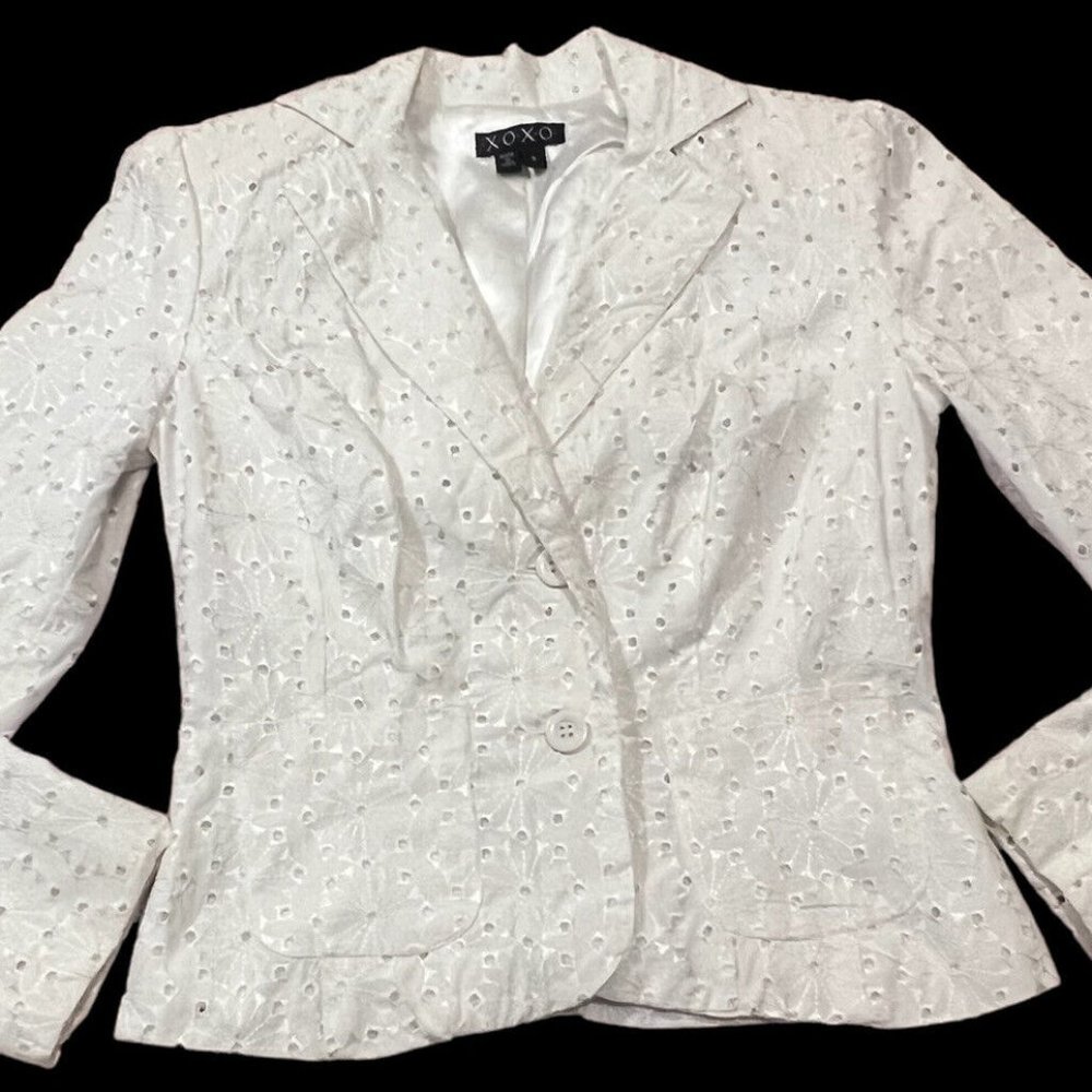 XOXO Blazer Jacket Juniors Small Ivory Floral Eyelet Sz 2 Button Spring Summer